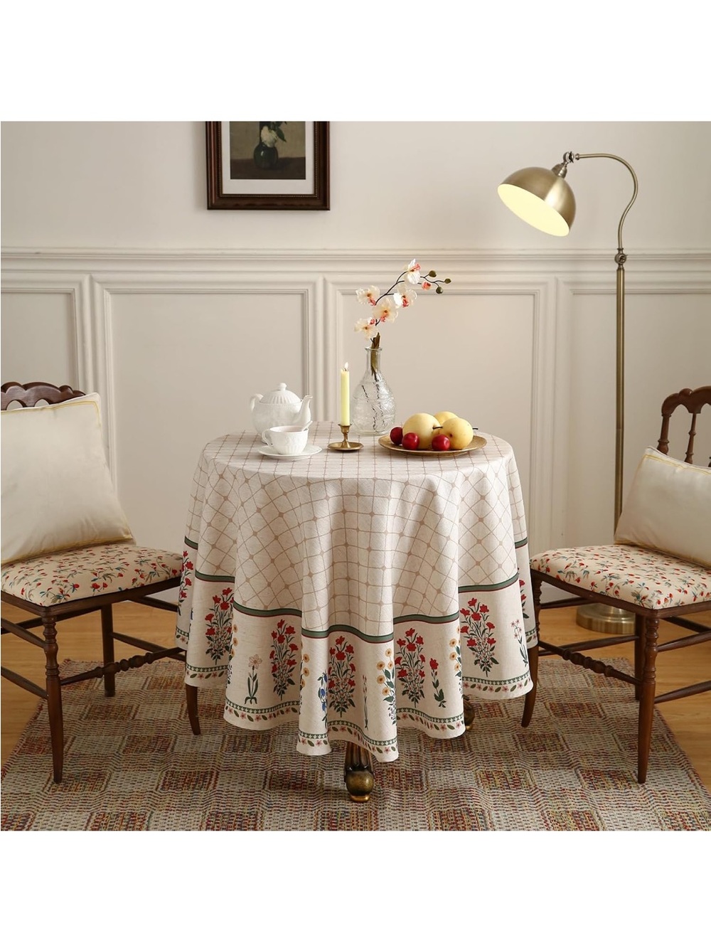NEW Floral Border Round Tablecloth in Cream